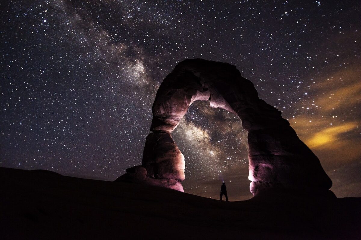 Man with headlamp under stars