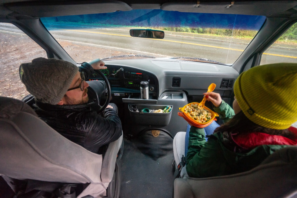 People in a car eating